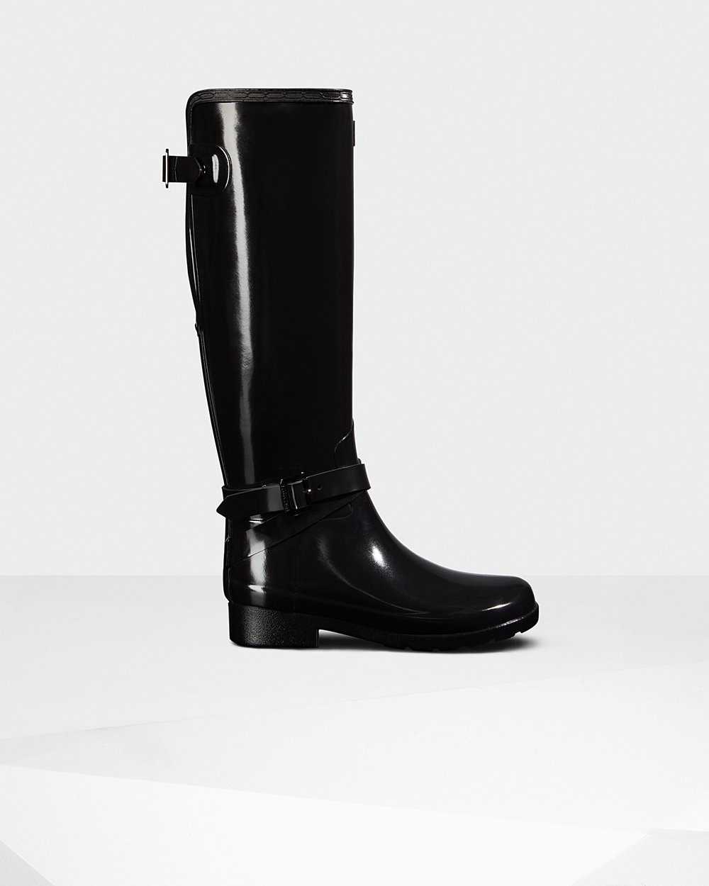 Women Hunter Refined Adjustable Gloss | Tall Rain Boots Black | NZ-76942-BPLR